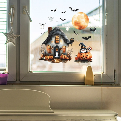 Pegatinas Estáticas de Ventana de Halloween de PVC Removibles Sin Pegamento Casa Embrujada Murciélago Calabaza para Decoración Ventanas