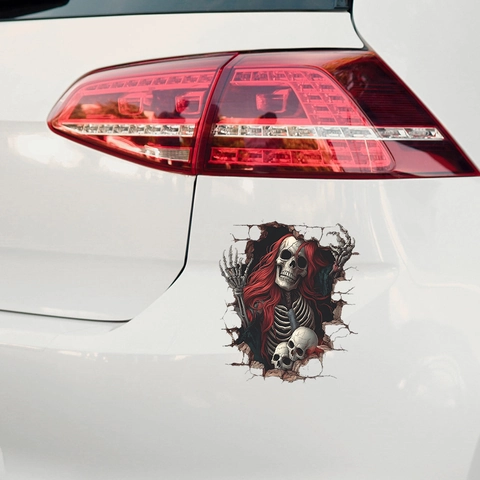 3D Rood Haar Schedel Door Muur Autosticker Waterdicht PVC Halloween Horror Gothic Sticker Voor Autoruit Bumper Decoratie