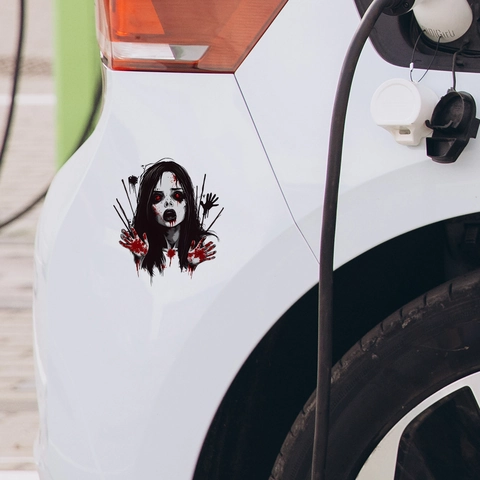 Halloween Horror Ghost Woman Car Sticker With Red Eyes And Bloody Handprints Waterproof PVC Zombie Decal For Auto Bumper Window