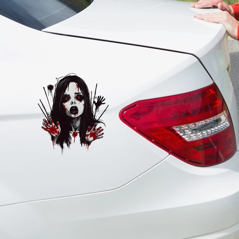 Halloween Horror Ghost Woman Car Sticker With Red Eyes And Bloody Handprints Waterproof PVC Zombie Decal For Auto Bumper Window