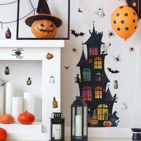 Halloween Kasteel Vleermuis Spin Wandsticker Waterdicht PVC Huis Decoratie Voor Woonkamer Slaapkamer Glasdeur Venster Sticker