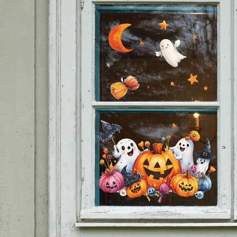 Halloween Cartoon Ghost Pumpkin Bat Window Cling Static PVC Removable No Glue Glass Sticker For Festive Home Party Decoration