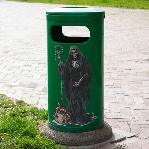 Gotischer Sensenmann Halloween Mülleimer Aufkleber PVC Wasserdicht Totenkopf Skelett Wandtattoo Outdoor Party Deko Sticker