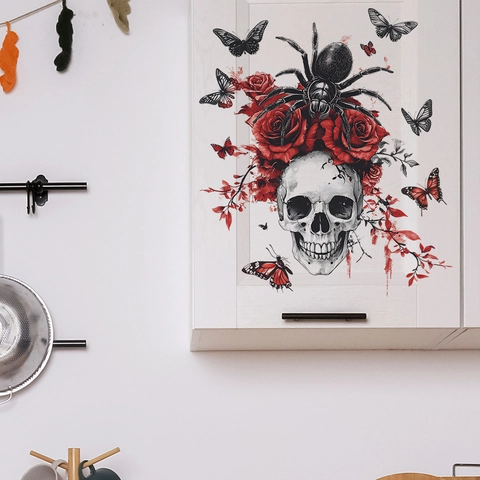 Gothisch Halloween Totenkopf Rose Wandaufkleber PVC Bedruckt Abnehmbares Dekor Für Schlafzimmer Wohnzimmer Schmetterling Muster