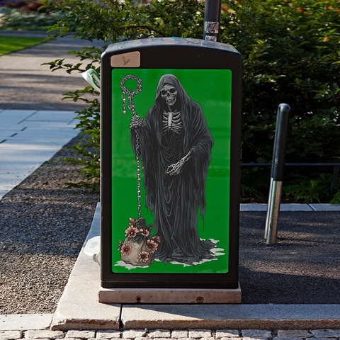 Gotischer Sensenmann Halloween Mülleimer Aufkleber PVC Wasserdicht Totenkopf Skelett Wandtattoo Outdoor Party Deko Sticker