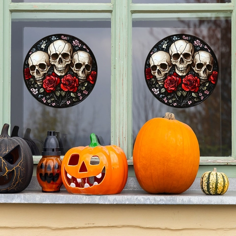 Pegatina de Ventana de Halloween Estilo Vidrieras Góticas Cala Vera Redonda Patrón Rosa Adherencia Estática PVC Hogar
