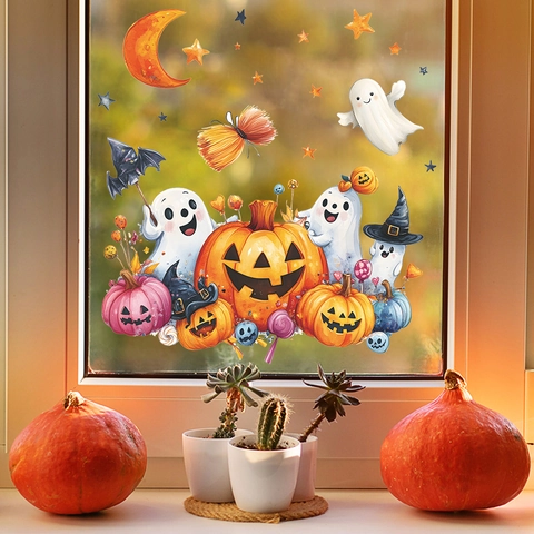 Halloween Cartoon Ghost Pumpkin Bat Window Cling Static PVC Removable No Glue Glass Sticker For Festive Home Party Decoration