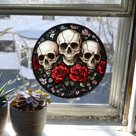 Pegatina de Ventana de Halloween Estilo Vidrieras Góticas Cala Vera Redonda Patrón Rosa Adherencia Estática PVC Hogar