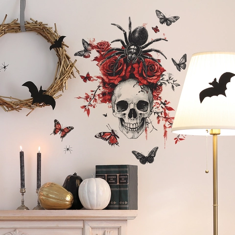 Gothisch Halloween Totenkopf Rose Wandaufkleber PVC Bedruckt Abnehmbares Dekor Für Schlafzimmer Wohnzimmer Schmetterling Muster