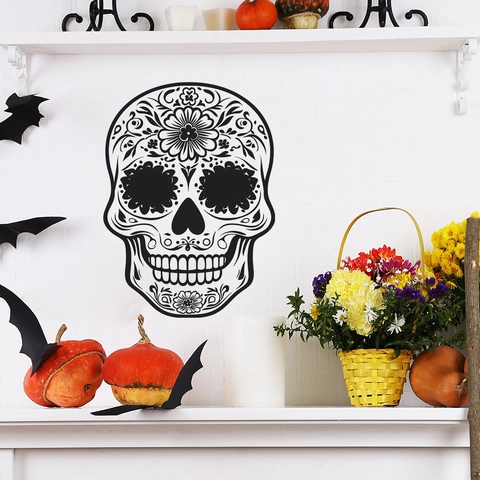 Gothic Halloween Zuckerschädel Wandtattoo Blumen Tag Der Toten PVC Aufkleber Für Wohnzimmer Schlafzimmer Bad Home Dekoration