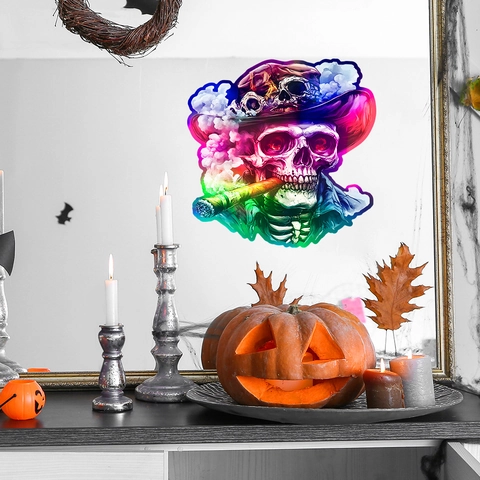 Adesivo per Finestra Halloween Teschio Laser Colorato Graffiti Arcobaleno PVC Impermeabile per Decorazione Casa Festa Vetro
