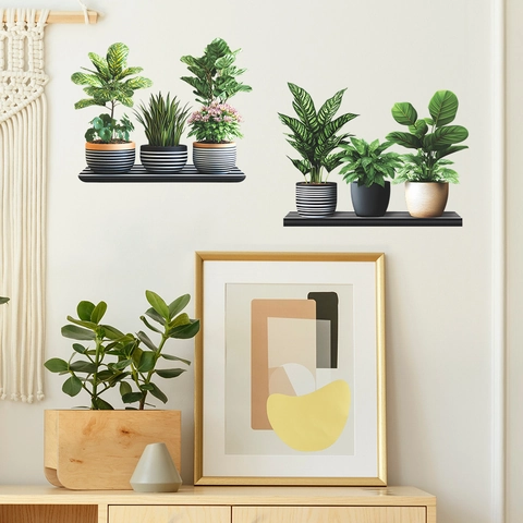 Modern PVC Wall Sticker Simulation Green Plant Bonsai Shelf Designs 3D Decorative Wall Decal For Bedroom Living Room Home Decor