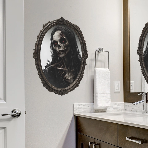 Vinilo de Pared Halloween Horror Cara de Fantasma Zombie Marco Vintage Decoración Hogar Gótico Calcomanía PVC Impermeable Accesorio Fiesta