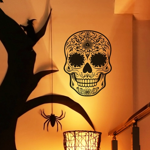 Gothic Halloween Zuckerschädel Wandtattoo Blumen Tag Der Toten PVC Aufkleber Für Wohnzimmer Schlafzimmer Bad Home Dekoration