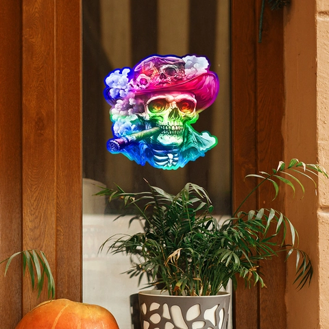 Adesivo per Finestra Halloween Teschio Laser Colorato Graffiti Arcobaleno PVC Impermeabile per Decorazione Casa Festa Vetro