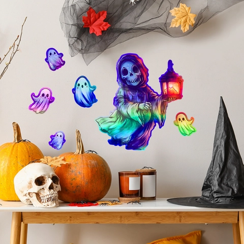 Halloween Laser Holographic Ghost Skull Wall Stickers Rainbow PVC Window Decals For Home Festive Party Decoration