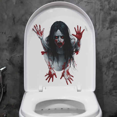 Halloween Horror Female Ghost Bloody Handprint Toilet Sticker 3D PVC Scary Wall Decal For Bathroom Party Decoration