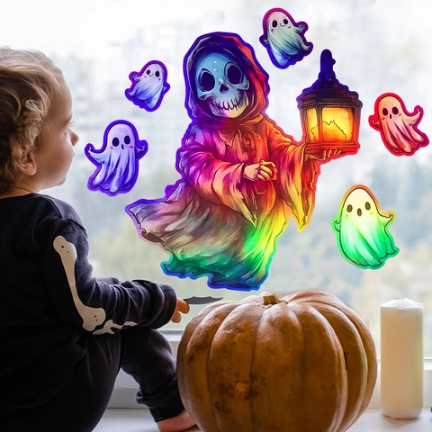 Halloween Laser Holographic Ghost Skull Wall Stickers Rainbow PVC Window Decals For Home Festive Party Decoration