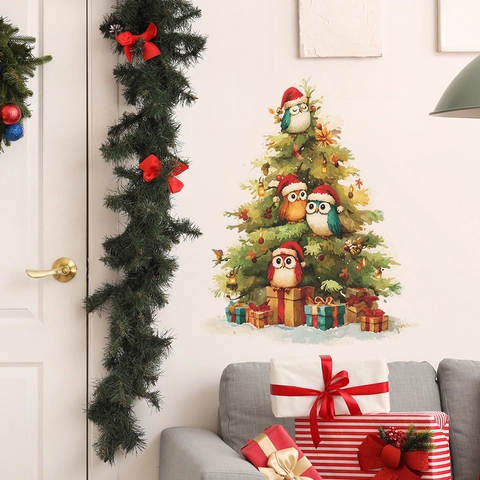 Cartoon Weihnachtsbaum Eule Geschenkbox Wandaufkleber PVC Abnehmbar DIY Aufkleber Für Wohnzimmer Schlafzimmer Festliche Dekoration