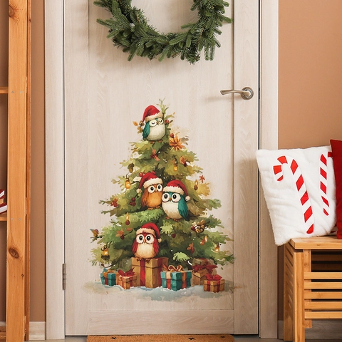 Cartoon Weihnachtsbaum Eule Geschenkbox Wandaufkleber PVC Abnehmbar DIY Aufkleber Für Wohnzimmer Schlafzimmer Festliche Dekoration