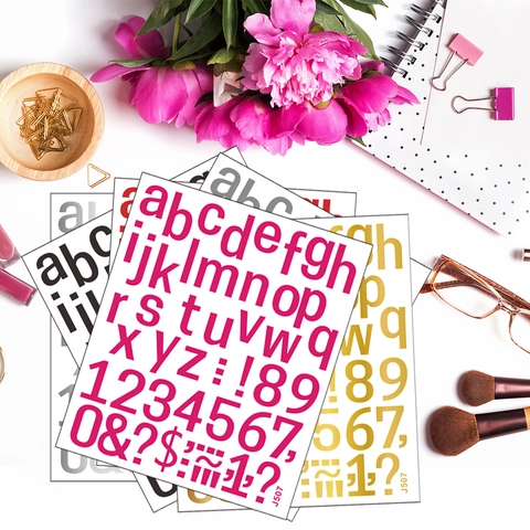 Moderno Set di Adesivi in PVC Lettere Inglesi Minuscole Numeri Simboli per Scrapbook Fai da Te Decorazione Notebook Adesivi in Vinile Impermeabili