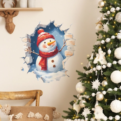 3D Christmas Snowman Wall Sticker Removable PVC Broken Wall Visual Effect Festive Home Decor Decal For Living Room Bedroom