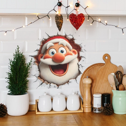 3D Wall Breaking Santa Claus Wall Sticker PVC Self Adhesive Cartoon Christmas Decals For Living Room Refrigerator Decor