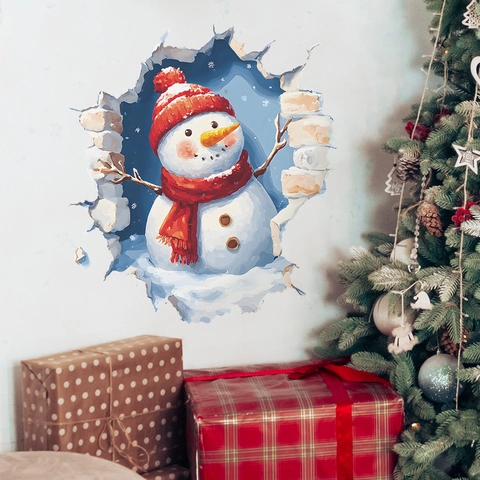 3D Christmas Snowman Wall Sticker Removable PVC Broken Wall Visual Effect Festive Home Decor Decal For Living Room Bedroom