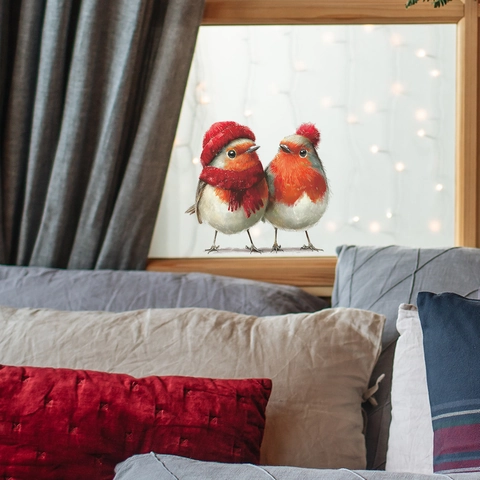 Pegatina de Ventana de Navidad Petirrojo Adherencia Estática PVC Gorro Rojo Bufanda Tema Invierno Decoración de Puerta de Cristal