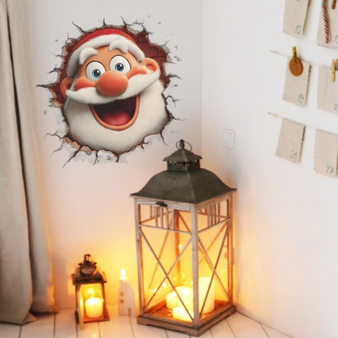 3D Wall Breaking Santa Claus Wall Sticker PVC Self Adhesive Cartoon Christmas Decals For Living Room Refrigerator Decor