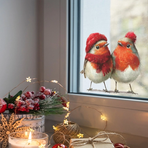 Pegatina de Ventana de Navidad Petirrojo Adherencia Estática PVC Gorro Rojo Bufanda Tema Invierno Decoración de Puerta de Cristal