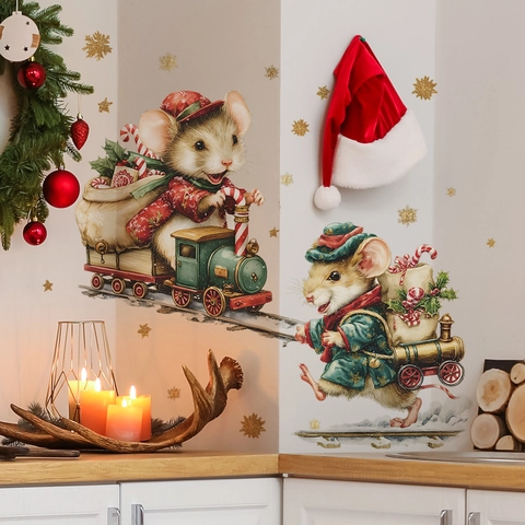 Weihnachten Cartoon Maus Mit Geschenkzug Goldene Schneeflocke Wandaufkleber Abnehmbares PVC Dekor Für Wohnzimmer Zuhause