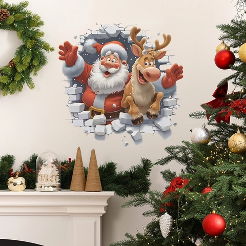 Sticker Mural Noël 3D Mur Brisé Père Noël Renne PVC Auto-Adhésif Décoration de Fête Maison Autocollant Mural