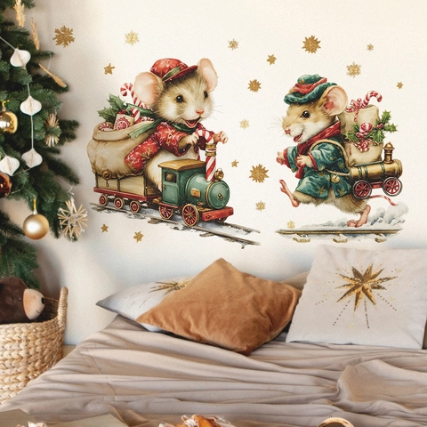Weihnachten Cartoon Maus Mit Geschenkzug Goldene Schneeflocke Wandaufkleber Abnehmbares PVC Dekor Für Wohnzimmer Zuhause