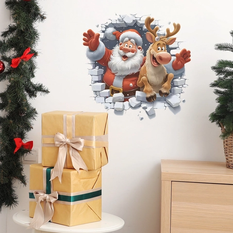 Sticker Mural Noël 3D Mur Brisé Père Noël Renne PVC Auto-Adhésif Décoration de Fête Maison Autocollant Mural