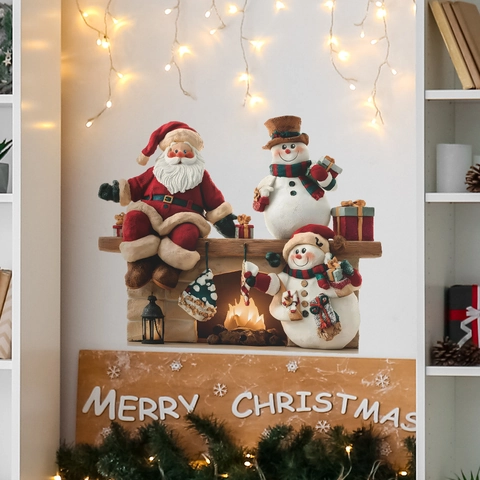 Pegatina de Pared Navidad 3D Papá Noel Muñeco de Nieve Chimenea Calcomanía de PVC Removible para Decoración del Hogar