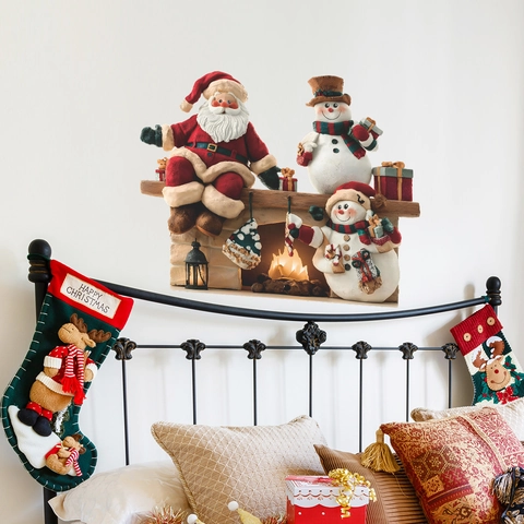 Pegatina de Pared Navidad 3D Papá Noel Muñeco de Nieve Chimenea Calcomanía de PVC Removible para Decoración del Hogar