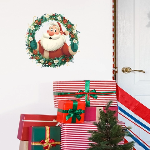 Adhesivo de Pared de Papá Noel con Guirnalda de Navidad PVC Calcomanía Removible para Sala Dormitorio Cocina Decoración