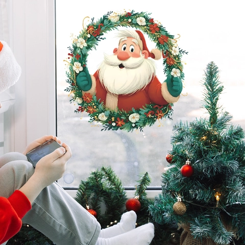 Adhesivo de Pared de Papá Noel con Guirnalda de Navidad PVC Calcomanía Removible para Sala Dormitorio Cocina Decoración