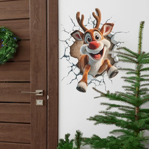 3D Christmas Reindeer Wall Sticker PVC Removable Broken Wall Decal For Living Room Bedroom Festive Home Wall Decoration
