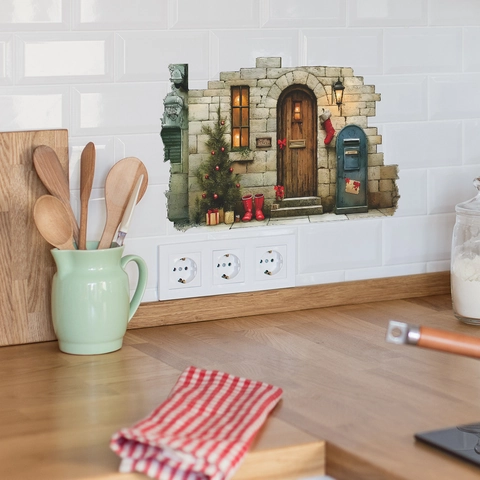 3D Christmas Door Wall Sticker Vintage Cartoon PVC Removable Self Adhesive Wall Decal For Living Room Bedroom Home Decor