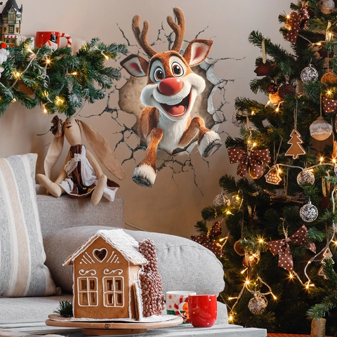 3D Christmas Reindeer Wall Sticker PVC Removable Broken Wall Decal For Living Room Bedroom Festive Home Wall Decoration