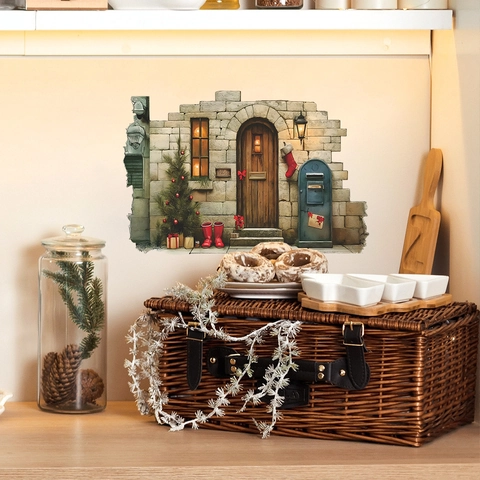 3D Christmas Door Wall Sticker Vintage Cartoon PVC Removable Self Adhesive Wall Decal For Living Room Bedroom Home Decor