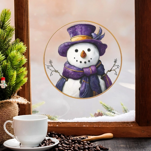 Kerst Sneeuwpop Raam Statische Sticker Paarse Hoed Sjaal Ontwerp PVC Verwijderbaar Herbruikbaar Glas Decoratie Thuis