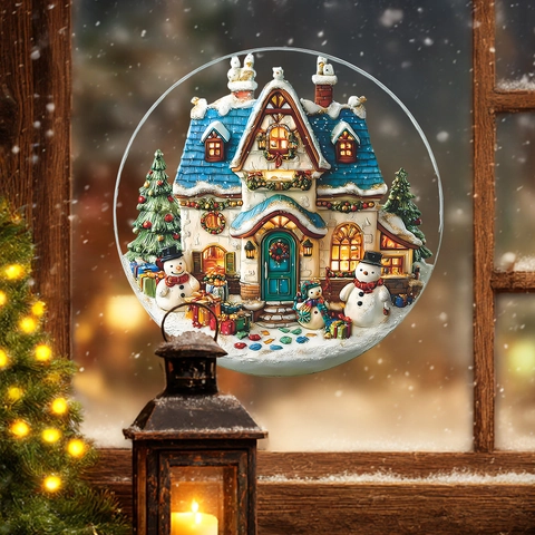 Kerstmis Sneeuwpop Huisje Statische Venstersticker Rond PVC Verwijderbaar Herbruikbaar Winter Glas Decoratie Voor Thuis Feest