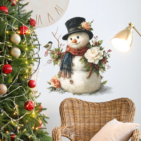 Beschilderde Kerst Sneeuwpop Muursticker Bloem Vogel Wintervakantie PVC Zelfklevend Decal Voor Thuis Venster Koelkast Decor