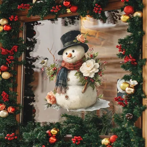 Beschilderde Kerst Sneeuwpop Muursticker Bloem Vogel Wintervakantie PVC Zelfklevend Decal Voor Thuis Venster Koelkast Decor