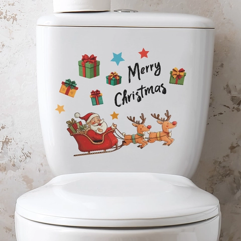 Kerst Toiletsticker Kerstman Rendier Merry Christmas Slogan PVC Waterdicht Verwijderbare Sticker Voor Badkamer Thuis Decoratie