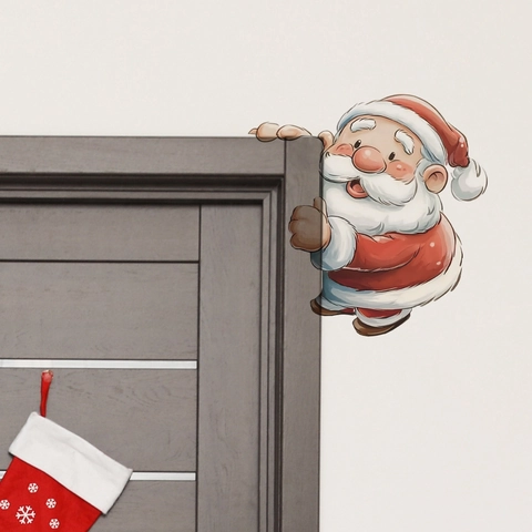 Watercolor Cartoon Santa Claus Wall Sticker Christmas Corner Decoration Removable PVC Decal For Holiday Home Background Decor