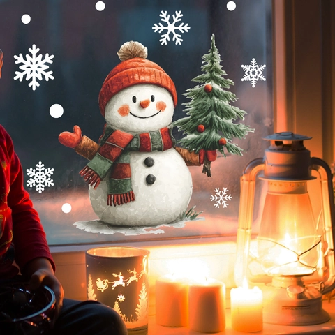 Weihnachten Schneemann Weihnachtsbaum Statische Fensteraufkleber Cartoon Schneeflocken UV Bedruckt Abnehmbare PVC Glas Dekore